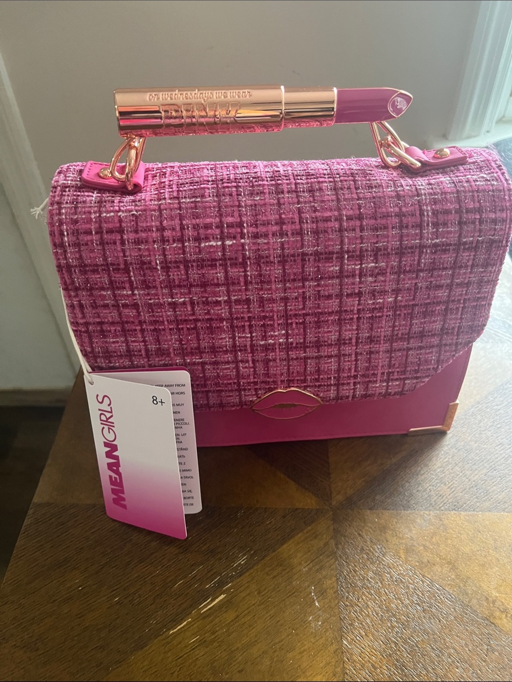 Mean Girls Loungefly Pink Tweed & Faux Leather Crossbody with Lipstick Clasp NWT - Picture 6 of 7